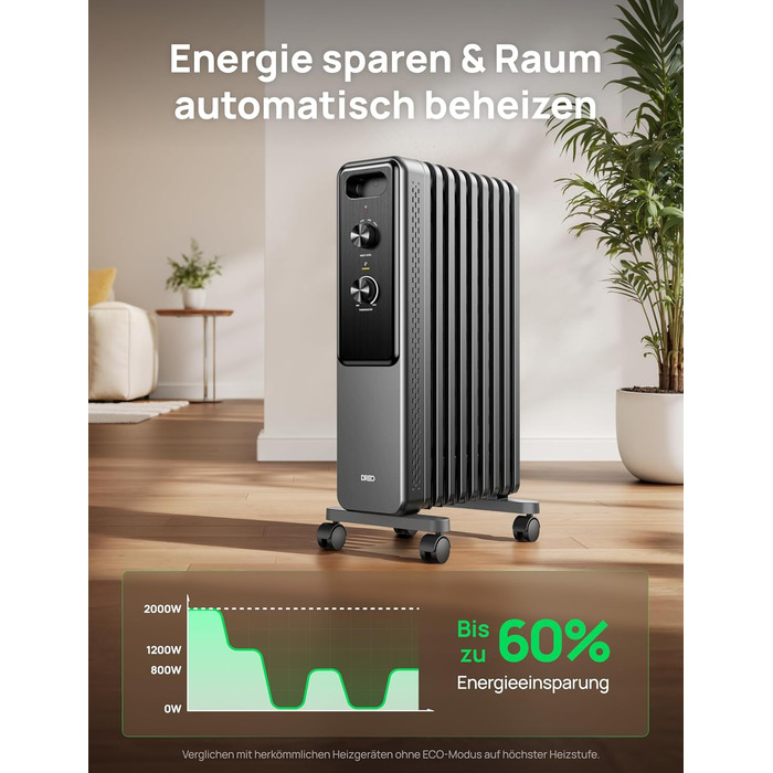 Електричний масляний радіатор Dreo з 9 ребрами, 2000W, тихий, з захистом від перегріву та перекидання, термостат, дитячий замок, енергозберігаючий
