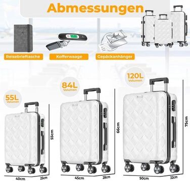 Набір валіз KESSER® 3 шт. | Валізи з ABS-пластику з кодовим замком, ваговою шалькою та органайзером для документів | Ручна поклажа та великі валізи для подорожей та бізнесу, ролики 360°, колір Білий Сніг