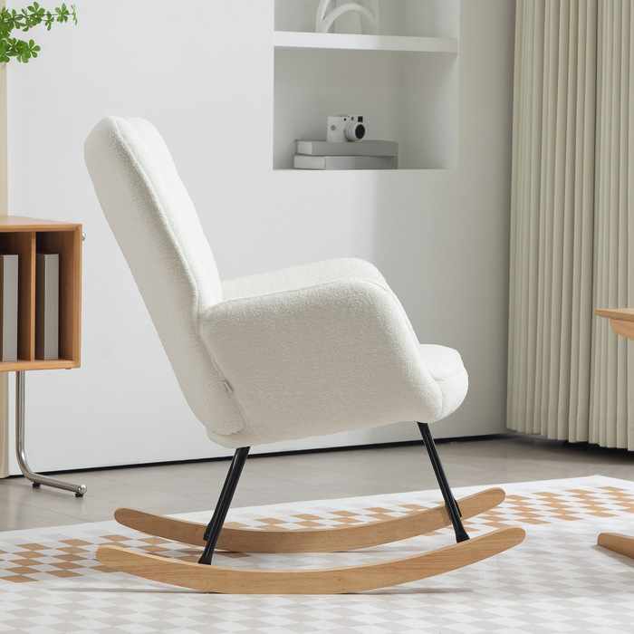 HOMCOM Rocking Chair, Rocking Armchair with Berber Fleece Look, Armrests, Padded Armchair with Wooden Runners, Reclining Chair for Living Room, Bedroom, Holds up to 120kg, White | Aosom