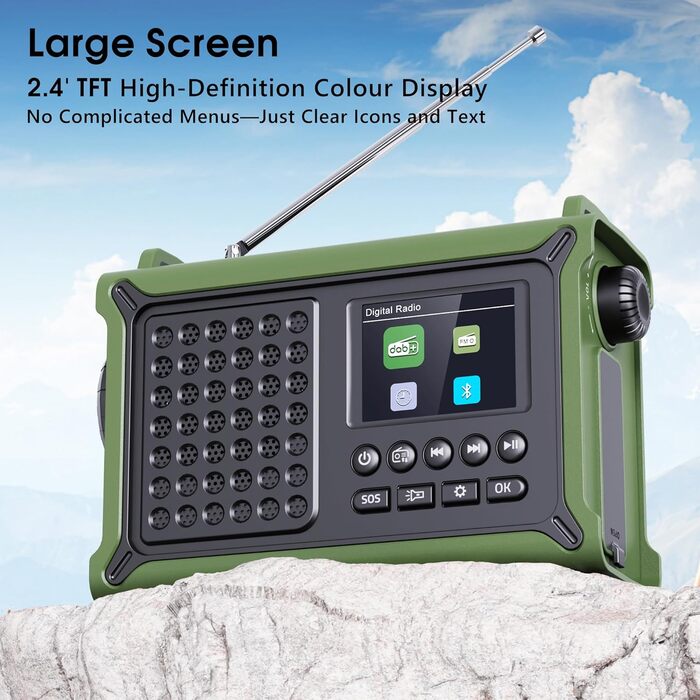 Радіоприймач Kurbelradio з DAB/DAB+/UKW, акумулятор 12000mAh, сонячна панель 8500mm², ручний генератор, Bluetooth 5.0, ліхтарик та світло для читання, для відпочинку на природі, кемпінгу, зелений