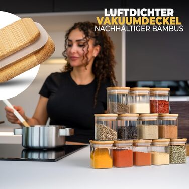 Spice Jars Square I 12 x 160 ml Set I Increased Glass Thickness I Stackable Spice Containers with Bamboo Lids I Airtight Spice Storage for the Kitchen I Suitable for Spice Storage
