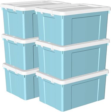 Cetomo 65 l x 6 Plastic Storage Box, Carry Case, Organiser with Robust Lid and Secure Locking Buckles, Stackable, 6 Pieces, Blue with Buckle