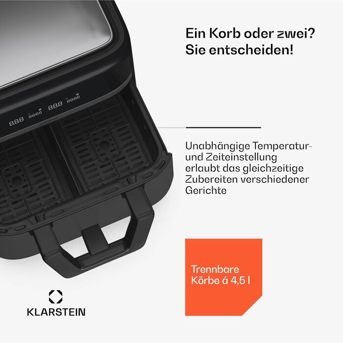 Klarstein Hot Air Fryer, Air Fryer with 2 Chambers, 2850W Compact Hot Air Fryer, 9L Air Fryer with Touch Control Panel, Timer, Preheating, 6 Modes, Large Hot Air Fryer, Air Fryer XL Black Duo Elegance