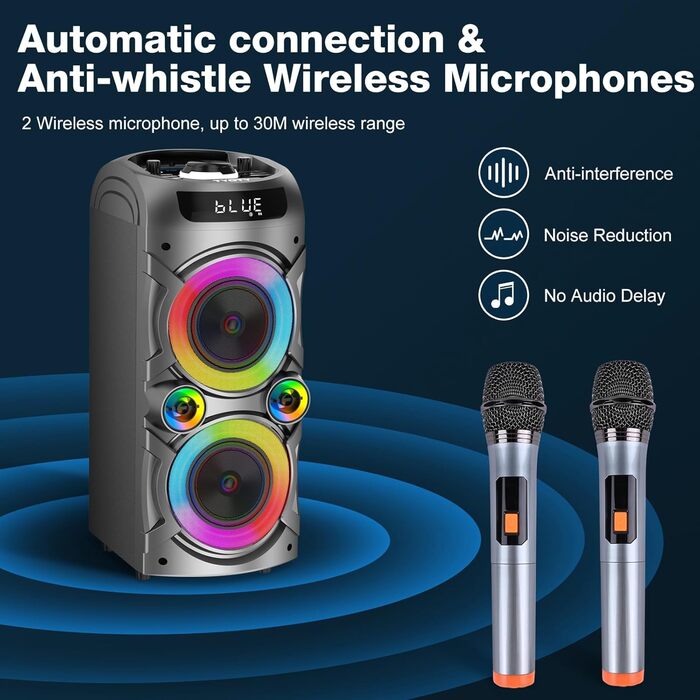 Караоке-система з 2 бездротовими мікрофонами, портативна PA-система Bluetooth з LED-підсвіткою, USB/TF-карта, пульт ДУ