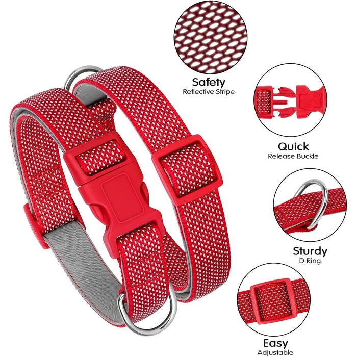 Відбиваючий нашийник для собак Didog з пряжкою, регульований, м'який неопрен, з підкладкою, нейлон, для малих, середніх та великих собак, зелений, L (M: Neck 25-43cm, Червоний)