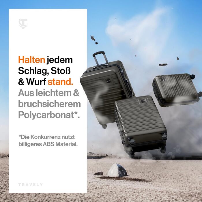 Набір валіз Travely з полікарбонату: 77см, 67см, ручна поклажа, TSA-замок, колір - місячний сірий