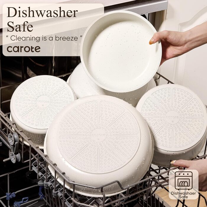 Набір посуду CAROTE 19 предметів, антипригарне покриття, набір каструль та сковорідок, для плити та духовки, економія місця, набір посуду з антипригарним покриттям (кремовий)