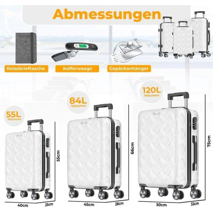 Набір валіз KESSER® 3 шт. | Валізи з ABS-пластику з кодовим замком, ваговою шалькою та органайзером для документів | Ручна поклажа та великі валізи для подорожей та бізнесу, ролики 360°, колір Білий Сніг