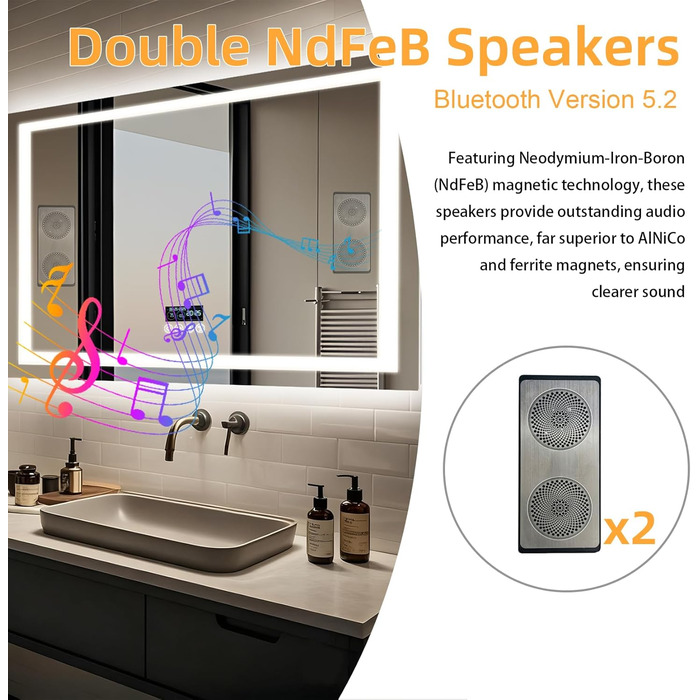 Дзеркало для ванної кімнати LUVODI з підсвічуванням Bluetooth: 100x70 см, годинник, температура, дата, антизапар, регулювання яскравості, 3 кольори світла, функція пам'яті, водонепроникне LED дзеркало для ванної кімнати