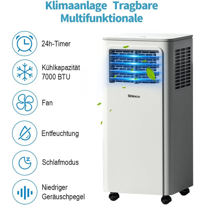 Мобільний кондиціонер SHINCO 3,5kW (7000BTU) з випускним шлангом, охолодження, вентиляція, осушення, для приміщень до 90м³, білий