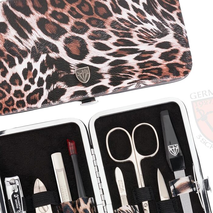 Набір для манікюру DREI SCHWERTER 'Sanremo' - Німецька якість | Преміум набір для манікюру в чорному еко-шкіряному етою | Містить: ножиці для нігтів, ножиці для кутикули, щипці для нігтів, пінцет, напільниковий баф з сапфіру та багато іншого!