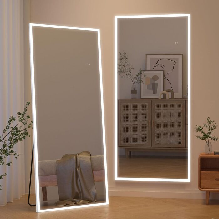 Дзеркало у підлогу CASSILANDO з LED-підсвічуванням, 165 x 60 см, білий колір, регулювання яскравості