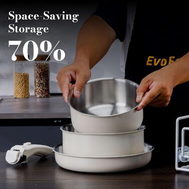 Набір посуду з нержавіючої сталі 14 предметів: сковорода 24 см, каструлі 18/20 см, знімні ручки, керамічне покриття, підходить для всіх плит, білий