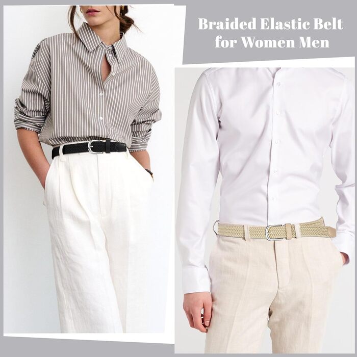 Жіночий плетеный еластичний пояс JASGOOD, льон, 2.5 см, комплект 2 шт. (Чорний + Хакі, срібна пряжка, розмір M до 86 см)