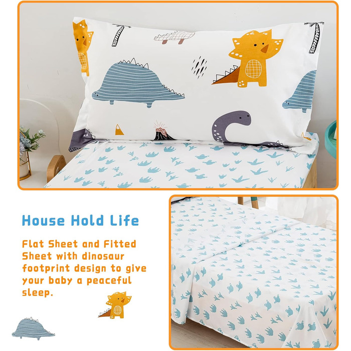 Комплект постільної білизни WONGS для малюків Динозавр, ультрам'яка мікрофібра, 4-частини (простирадло, підковдра, наволочка, простирадло на гумці), розмір для дитячого ліжечка, білий/Оксамитовий сад