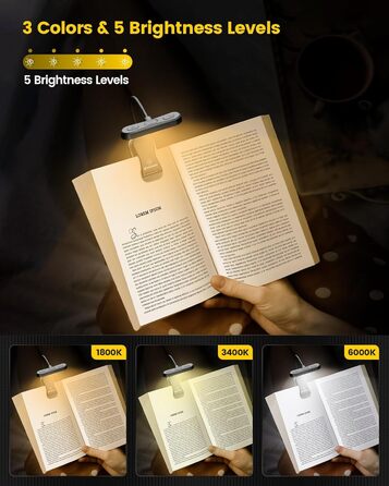 Світлодіодна лампа для читання Glocusent з кріпленням на книгу, CRI 95, захищає очі, 3 кольори та 5 рівнів яскравості, регульоване настільне світло, легка та портативна, ідеально підходить для книголюбів, чорна
