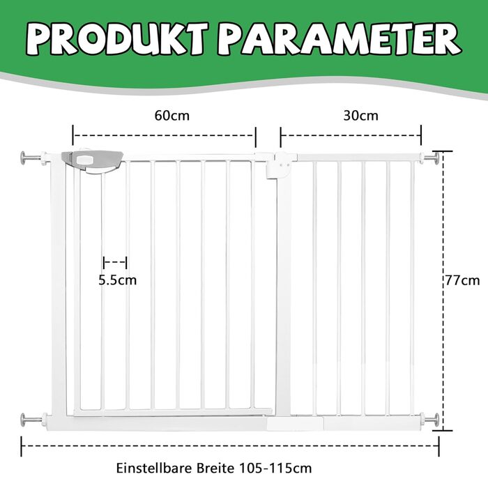 Захист для сходів SUBTLETY без свердління: сітка для дітей, собак, без автоматичного відключення, ABS-пластик, сталь, 105-115 см, білий