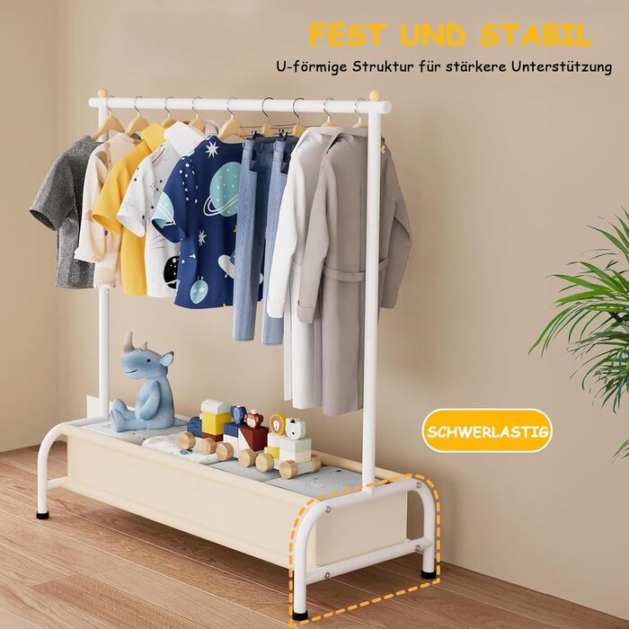 Детский вешалка для одежды MISSLO с корзиной, белая. Компактная стойка для хранения детской одежды, выдерживает большую нагрузку. Размеры: 38 x 81 x 114 см