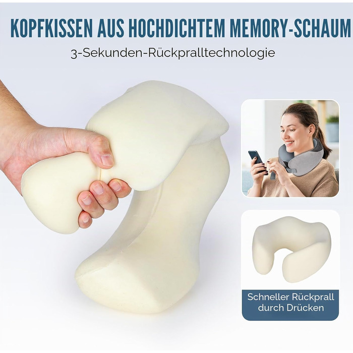 Подушка для подорожей Euqvunn з ефектом пам'яті (Memory Foam), ергономічна подушка для шиї в літак з охолоджуючим льодяним шовком та сумкою для зберігання, сіра