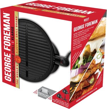 Електричний гриль George Foreman 2в1: напільний і настільний, для дому та балкона, круглий, 44,5 см, 2400 Вт, з термометром і піддоном для жиру, чорний