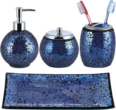 4-Piece Mosaic Glass Bathroom Accessory Set, Modern Luxury Bathroom Ensemble, including Soap Dispenser, Cotton Swab Holder, Toothbrush Holder, Vanity Tray (Glossy Blue)