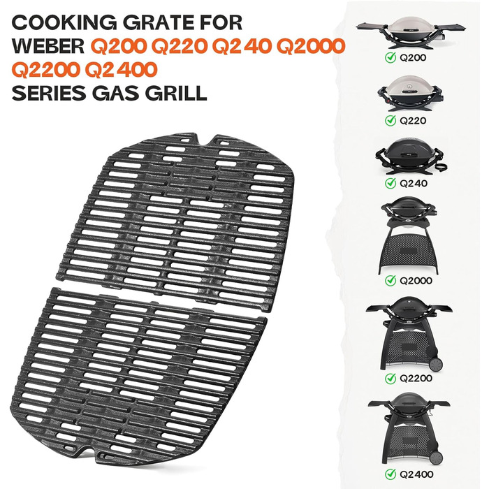 Решітка для гриля Onlyfire з чавуну, сумісна з Weber Q200, Q220, Q240, Q2000, Q2200, Q2400 (замінник Weber 7645, 2 шт.)