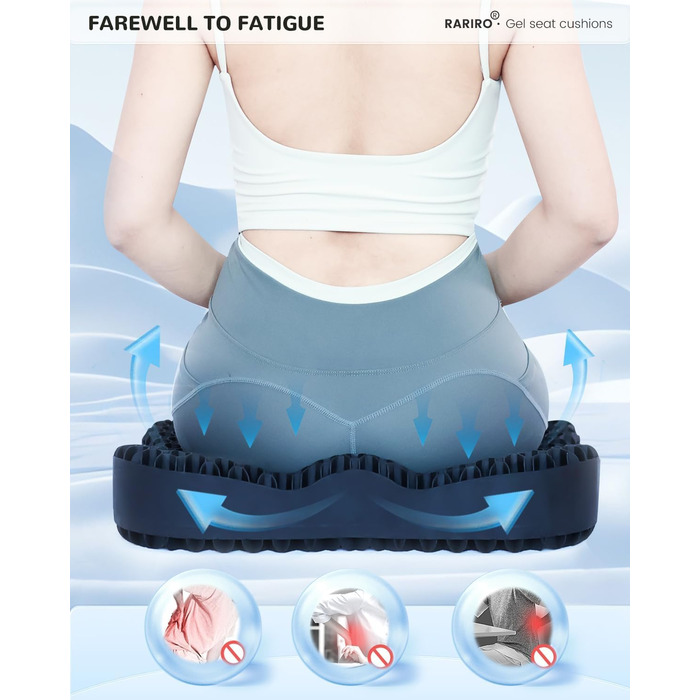Гелеве сидіння для офісного крісла: ергономічна подушка з подвійною структурою та стільниковою поверхнею для тривалого сидіння, підтримки попереку та полегшення болю при ішіасі. Підходить для авто, каяку, інвалідного візка. Чорний колір.