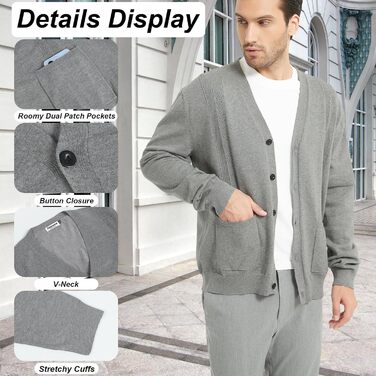 Чоловічий кардиган з в'язаного полотна, V-подібний виріз, бавовна, з ґудзиками та кишенями (сірий, M)