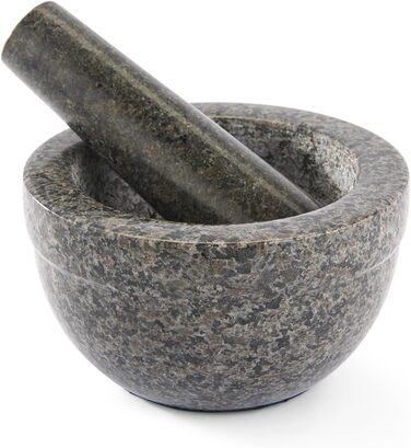 RÖSLE Granite Mortar, High-quality stone mortar with pestle for herbs, spices, curry pastes, or pesto, non-slip base, black granite stone, 13.5 x 13.5 x 8.1 cm, Grey