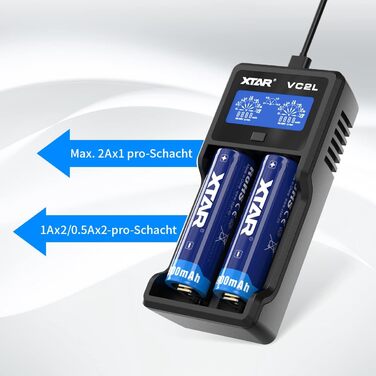 Зарядний пристрій XTAR VC2L для акумуляторів 18650/21700 з LCD дисплеєм та USB Type-C, 2 слоти, для Li-ion 3.6V/3.7V та Ni-MH/Ni-Cd AA/AAA