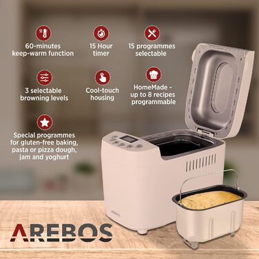 Хлібопечка Arebos 1500г з 15 програмами, таймером та LCD дисплеєм | Хлібопекарня з 3 рівнями підсмажування та 2 гачками для тіста