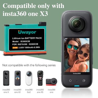 Запасний акумулятор Uwayor для Insta360 X3, 3-канальне USB-зарядне пристрій, сумісний з камерою Insta360 One X3