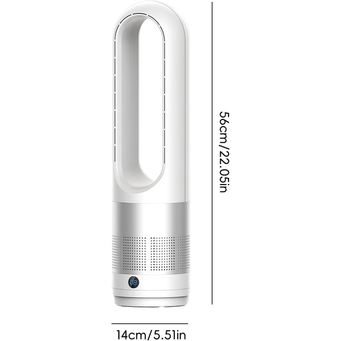 Турбовентилятор без лопатей 56 см, 4000-5600 об/хв, тихий DC мотор, з пультом, осциляція 80°, таймер 8 год (срібний)