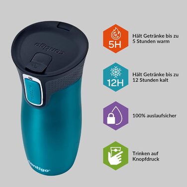 Термокружка Contigo West Loop Autoseal з нержавіючої сталі, 470 мл, виготовлена з нержавіючої сталі, для подорожей, з автозакриттям, витримує перевезення, без витоків