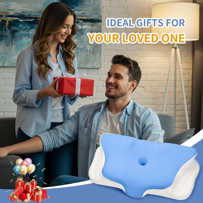 Подушка для шиї Ehomfory з Memory Foam, ергономічна подушка для сну на боці, спині та животі, 62x41x9/12 см, сіро-білий (блакитний)