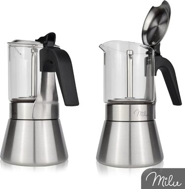 Milu Espresso Maker Induction Compatible | 4, 6 Cups | Stainless Steel Glass Moka Pot, Espresso Pot, Espresso Maker Set including coaster, spoon, brush (4 cups 200ml) Glass 4 cups (200ml)