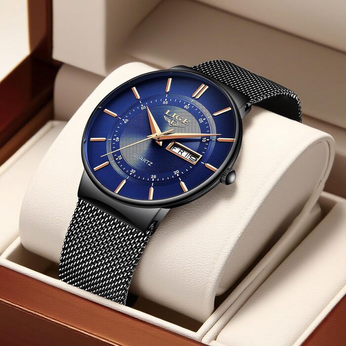 Годинник чоловічий LIGE з датою, водонепроникний, з нержавіючої сталі, вінтажний стиль, кварцовий механізм, чорний колір, з ремінком з нержавіючої сталі, класичний дизайн, для бізнесу, подарунок для чоловіків, блакитний/чорний колір