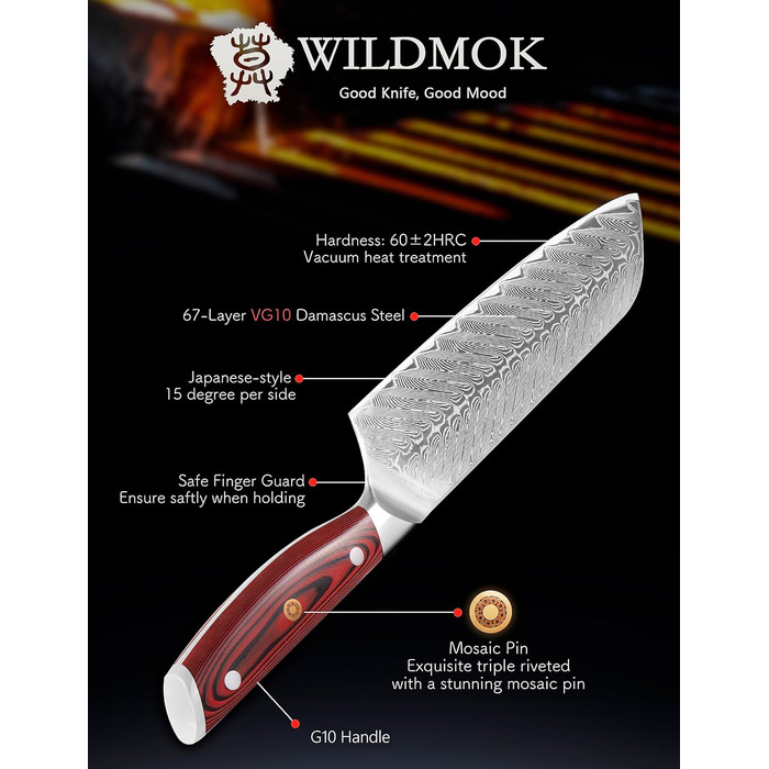 Японський ніж Santoku WILDMOK з дамаської сталі, 17.8 см, професійний для м'яса та овочів, VG10 сталь, Full Tang, G10 рукоятка, серія Song