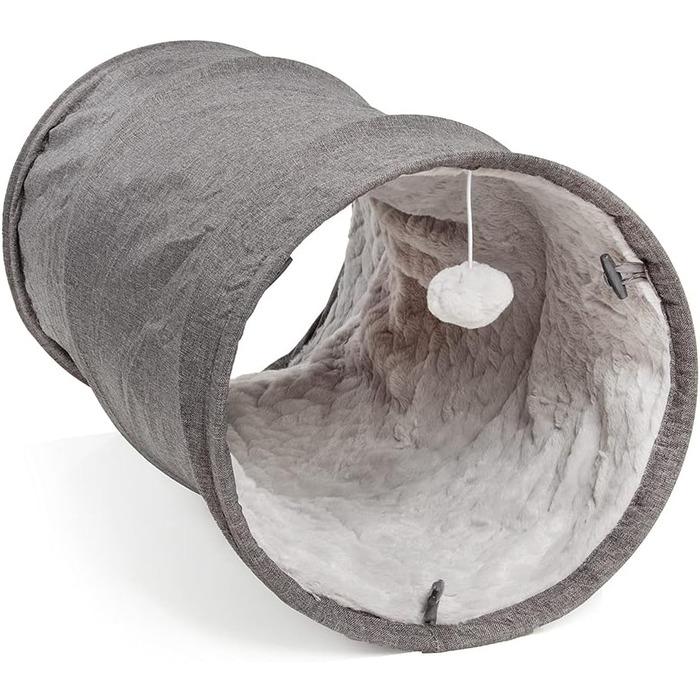 CanadianCat Company | XXL Cat Tunnel with Fluffy Plush | | Approx. 35 x 150 cm - Variable Shape, Integrated Cat Toy (70 x 35 cm, Grey)