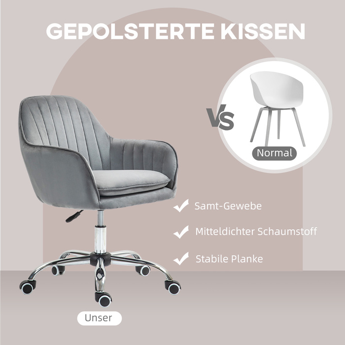 HOMCOM Adjustable Height Desk Chair Swivel Office Chair Rotating Home Office Chair with Back and Armrests Velvet-Look Vanity Chair for Study Room, Grey | Aosom
