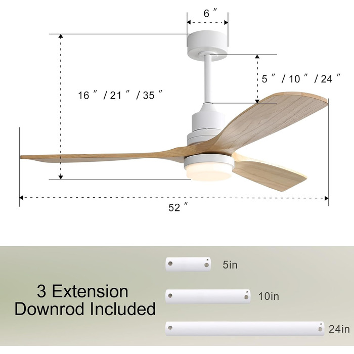 Стеляний вентилятор Sofucor з дистанційним керуванням, дерев'яний вентилятор з 3 лопатями, 132 см, тихий, 6 швидкостей, таймер, DC двигун, режим літо/зима для спальні (з підвісом та кріпленням, натуральне дерево)