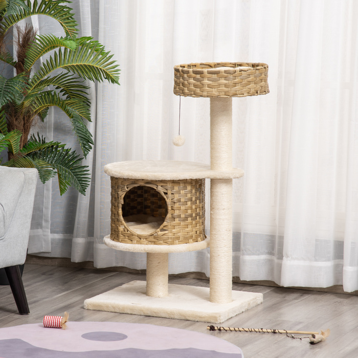 PawHut Дряпак для котів з ротангу з котячою печерею та іграшкою-м'ячиком, котячий комплекс для маленьких котів, колір: натуральний та бежевий