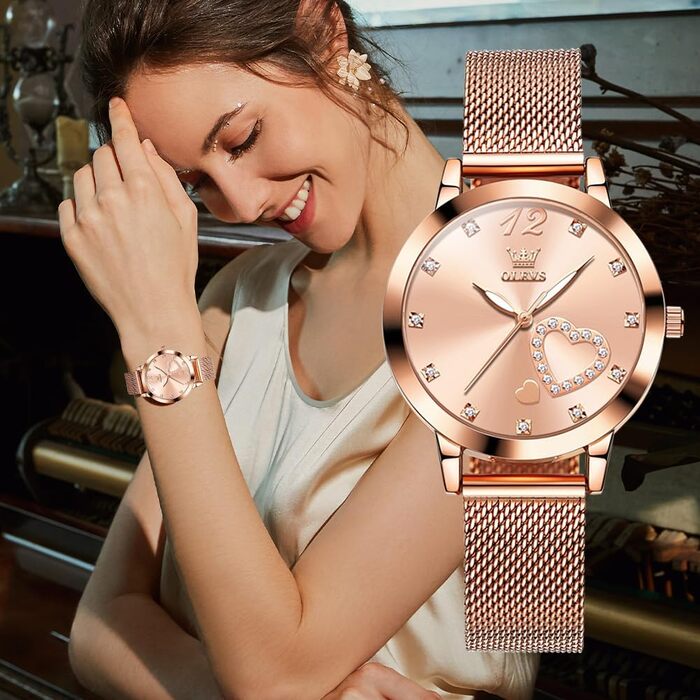 Годинник жіночий OLEVS рожеве золото з серцем та діамантом, чорно-білий циферблат, кварц, водонепроникний, комплект з браслетом, моделі 5189, рожевий