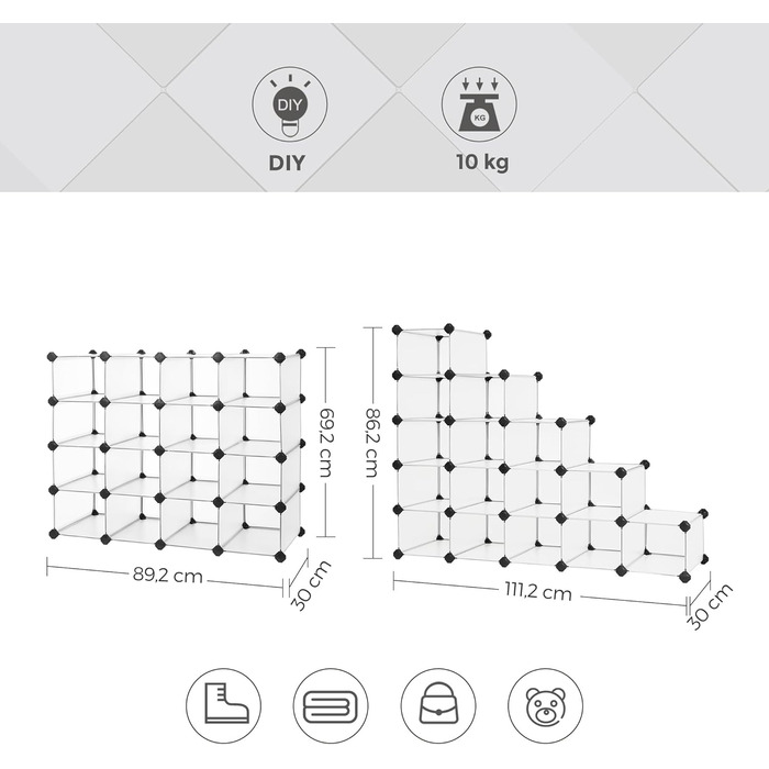 SONGMICS Shoe Rack, Shelving System, Plug-in Shelf, 15 Compartments, DIY Shelf, Stackable, Made of PP Plastic, as a Wardrobe, Room Divider, for Bedroom, Office, 30 x 111.2 x 86.2 cm, white LPC445W02