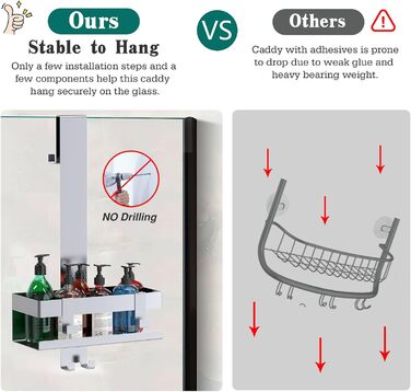 Emibele Shower Shelf for Hanging, Stainless Steel Shower Shelf No Drilling, Bathroom Shelf No Drilling with Hooks, Shampoo Lotion Holder, Shower Basket Towel Holder Wall Shelf for Glass Door Bathroom, Silver