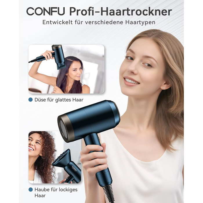 Іонізатор для волосся Föhn, 1800W, з насадкою-дифузором, 3 режими температури, безліч налаштувань швидкості, портативний фен (блакитний)