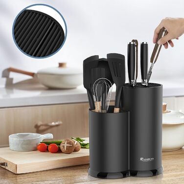 Knife Block Without Knives, Black Universal Round Knife Block Holder Unfurnished with Utensil Holder, Empty Knife Block - Holds 12 8-Inch Knives, Suitable for All Kitchen Knives