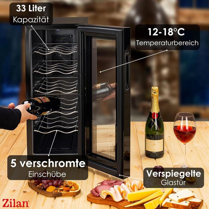 Виставковий винний холодильник Zilan на 12 пляшок, 33 літри, LED, тихий, міні-винний кліматичний шкаф з дверцятами зі скла