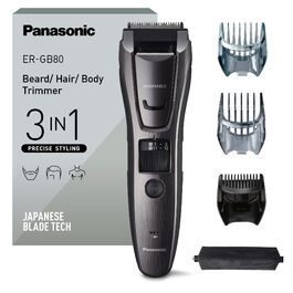 Триммер Panasonic ER-GB80-H503 для чоловіків: борода, волосся, тіло, акумуляторний, водонепроникний, 39 налаштувань, 3 насадки, сріблястий