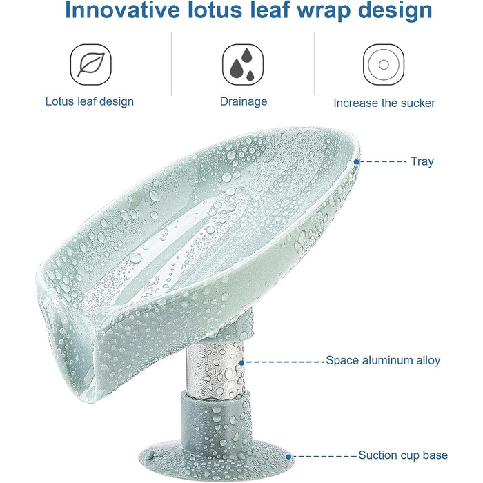 Тримач для мила з нержавіючої сталі, листяний, самостійно спорожняється, без отворів, легко чиститься, з присоскою, для душу, ванної кімнати, кухонної мийки (сірий + зелений), 2 шт.